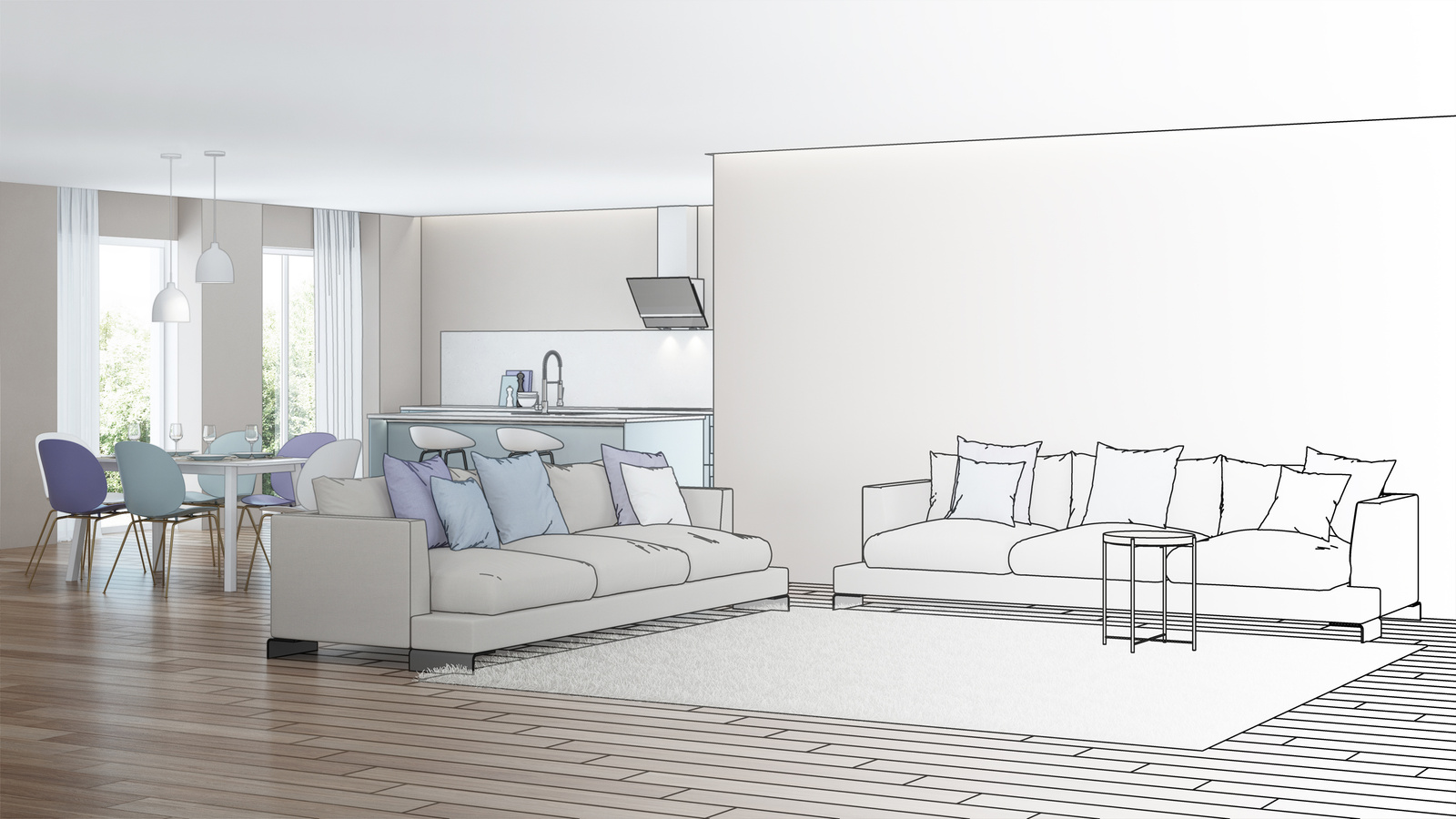 Modern house interior. Design project. Sketch. 3D rendering.